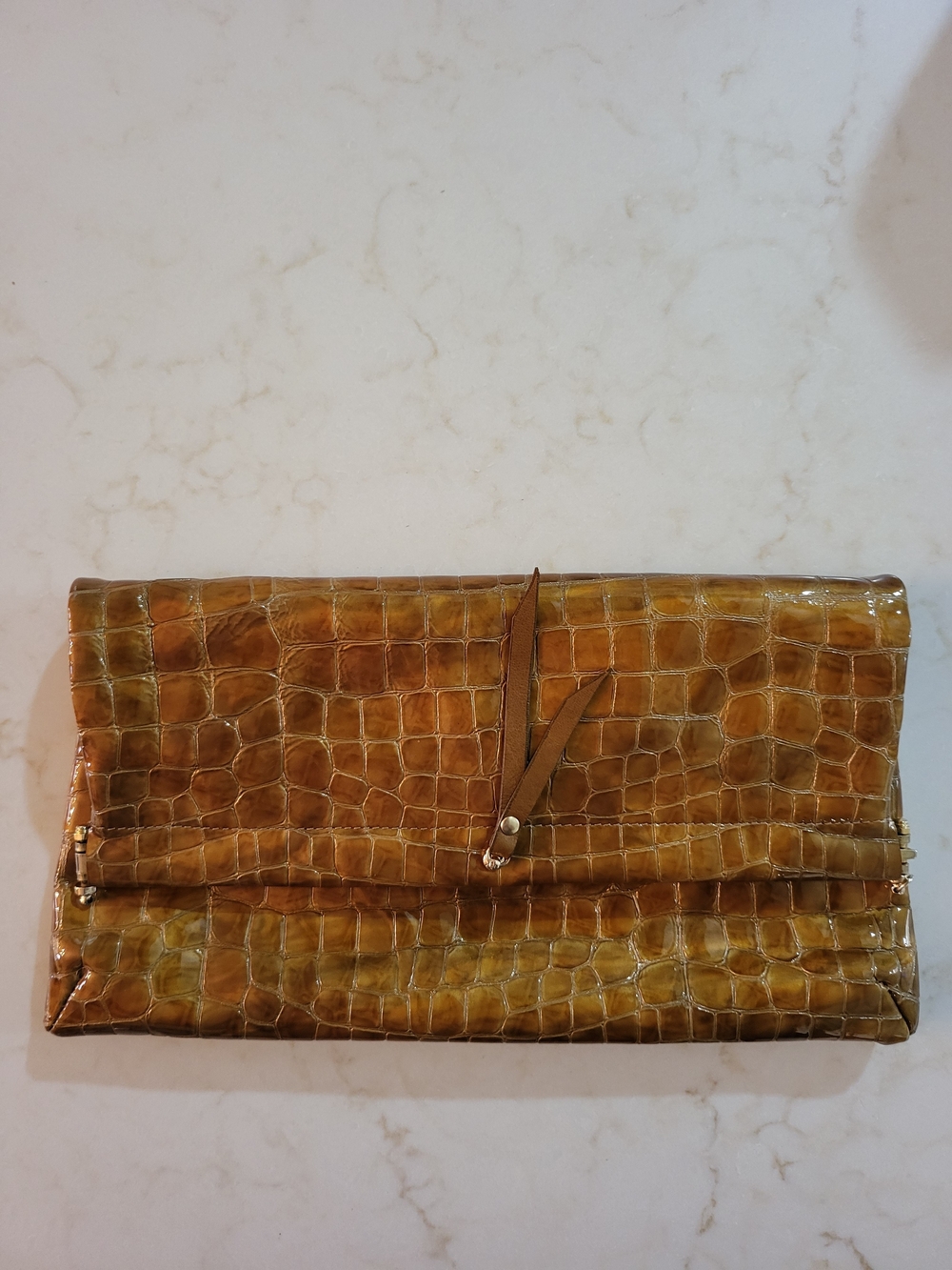Luxury Croc-Embossed Foldover Clutch in Honey Brown